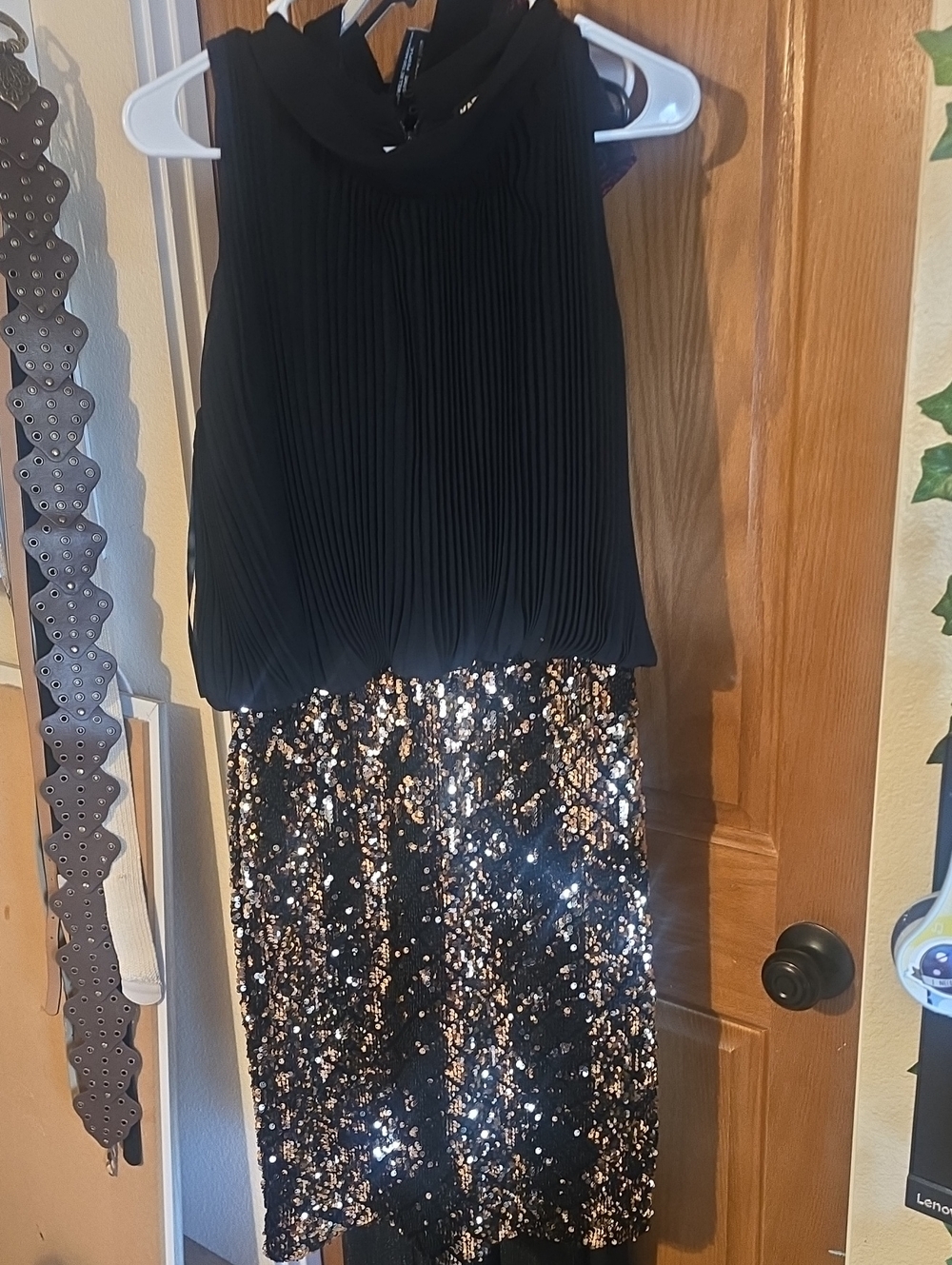 Karl Lagerfeld Black Pleated Top with Gold Sequin Midi Skirt